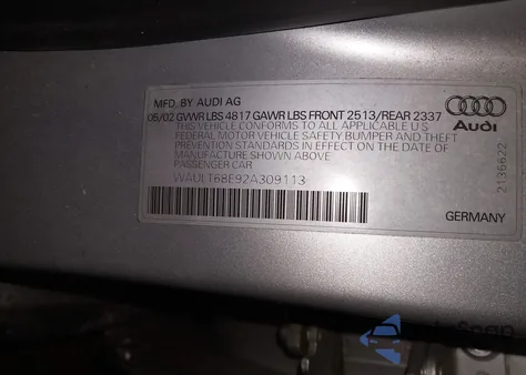 2002 Audi A4 3.0 z USA, uszkodzony, nr VIN WAULT68E92A309113